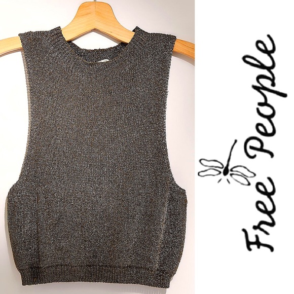 NEW FREE PEOPLE Olive/Gold Shine Slinky Sexy Kimmi Crop Tank Top Sz S/P NWOT - Picture 3 of 11
